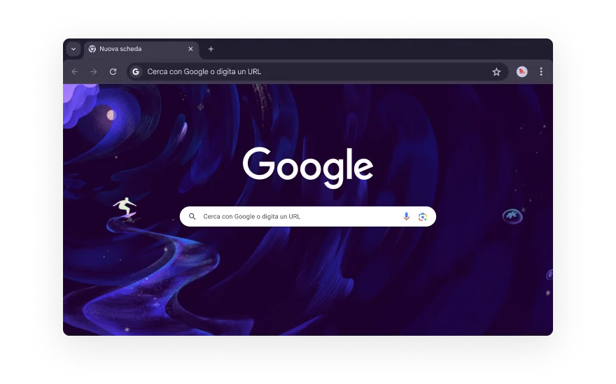 Una UI astratta di Chrome è circondata da icone che rappresentano le categorie delle estensioni del browser. Le icone rappresentano Shopping, Intrattenimento, Strumenti, Arte e design e Accessibilità.