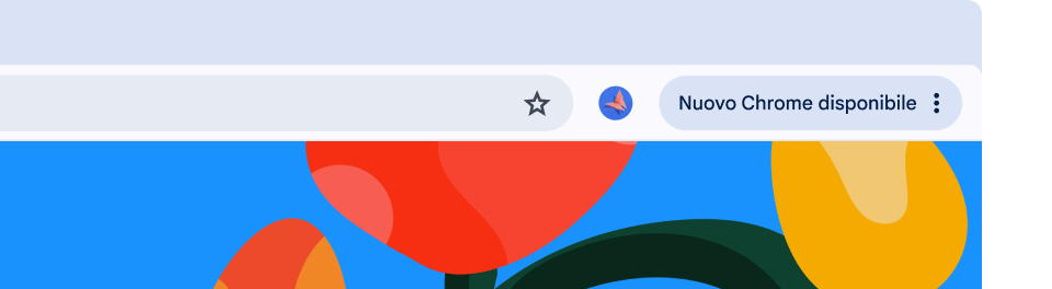 Una UI del browser include una pillola di aggiornamento verde, che indica all'utente che il browser è pronto per il riavvio per un aggiornamento automatico.