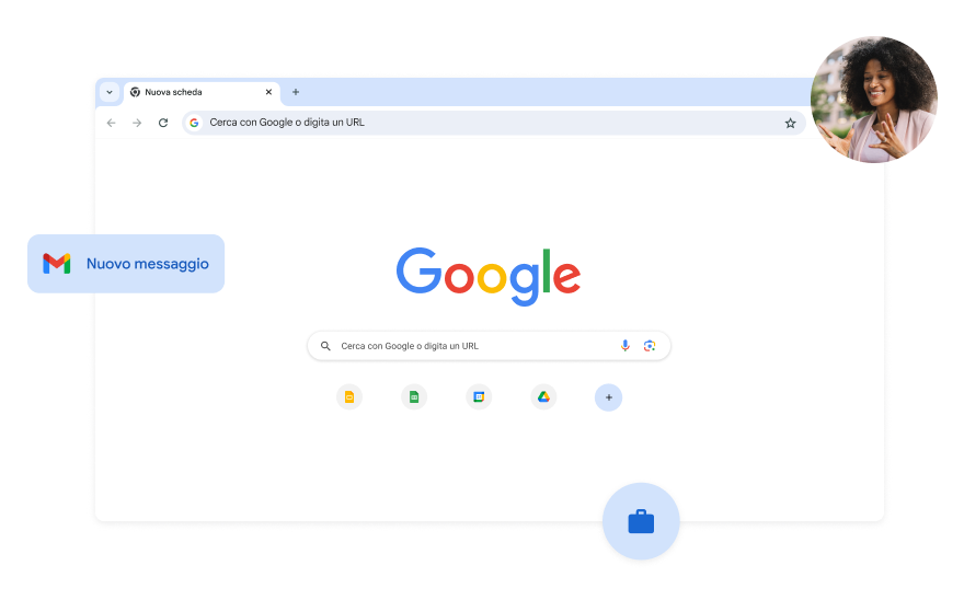 Lo sfondo della pagina della Ricerca Google è bianco. In un angolo c'è la foto di una donna.